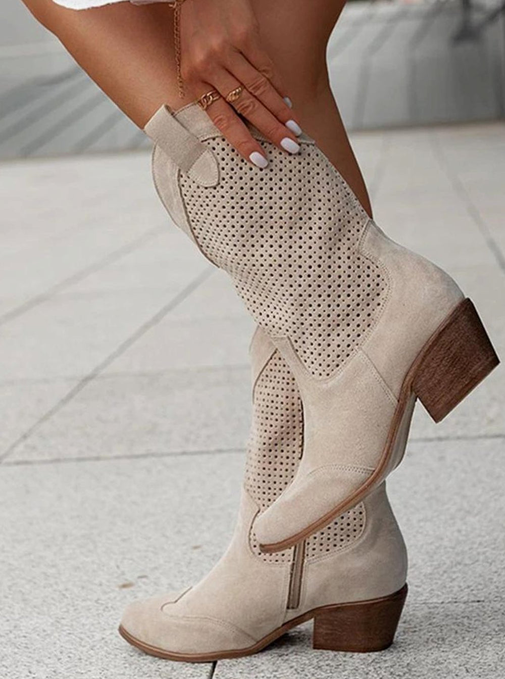 Women's Perforated Western Boots Mid-Calf Block Heel Suede - Khaki
