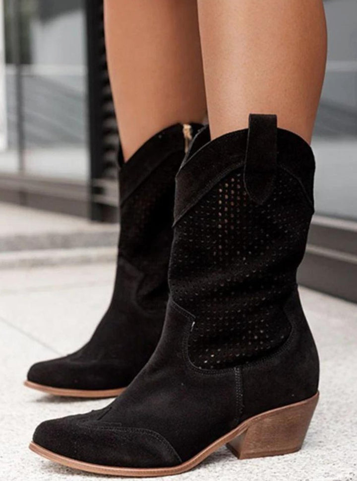 Women's Perforated Western Boots Mid-Calf Block Heel Suede - Black