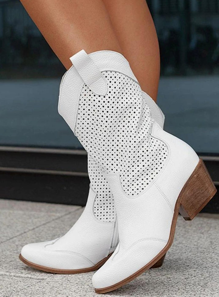 Women's Perforated Western Boots Mid-Calf Block Heel Suede