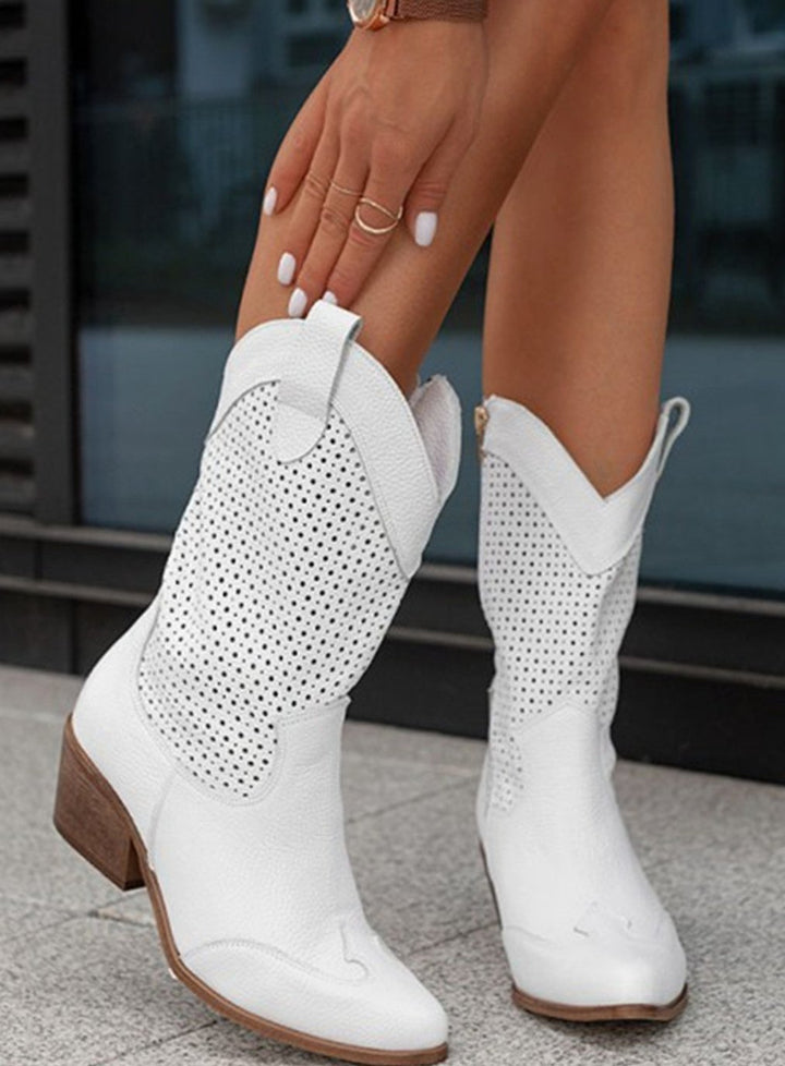 Women's Perforated Western Boots Mid-Calf Block Heel Suede - White