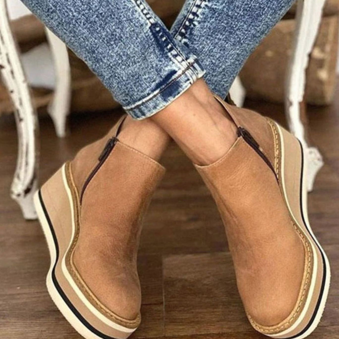 Women's Platform Wedge Chelsea Boots Slip-On Ankle Booties - Beige