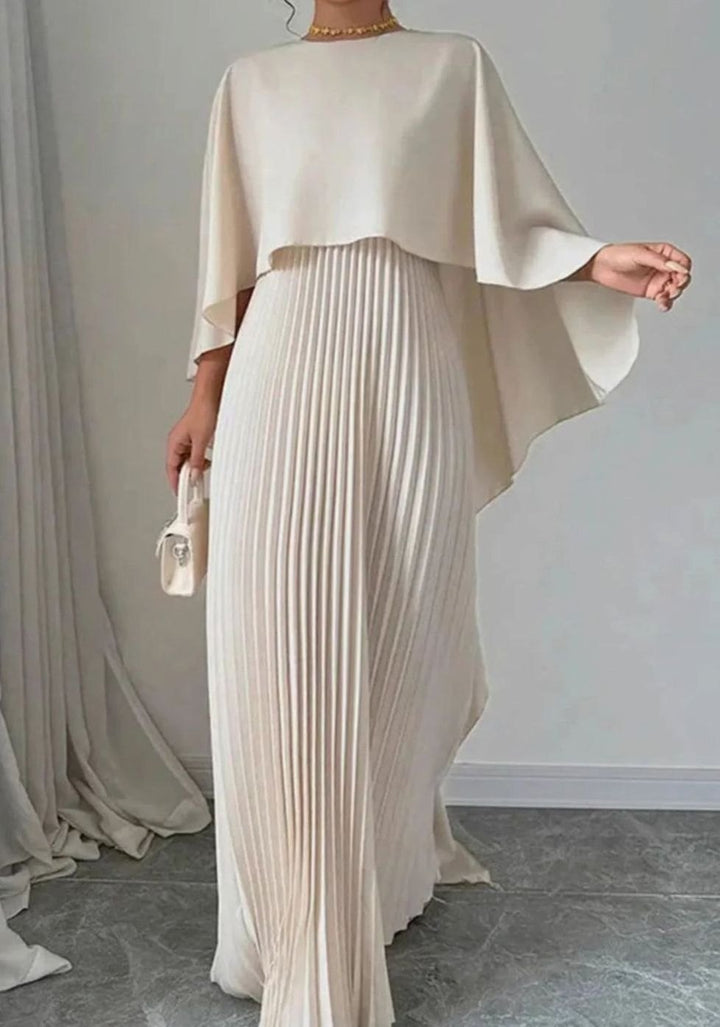 Women's Pleated Cape Overlay Batwing-Sleeve Maxi Dress - Beige