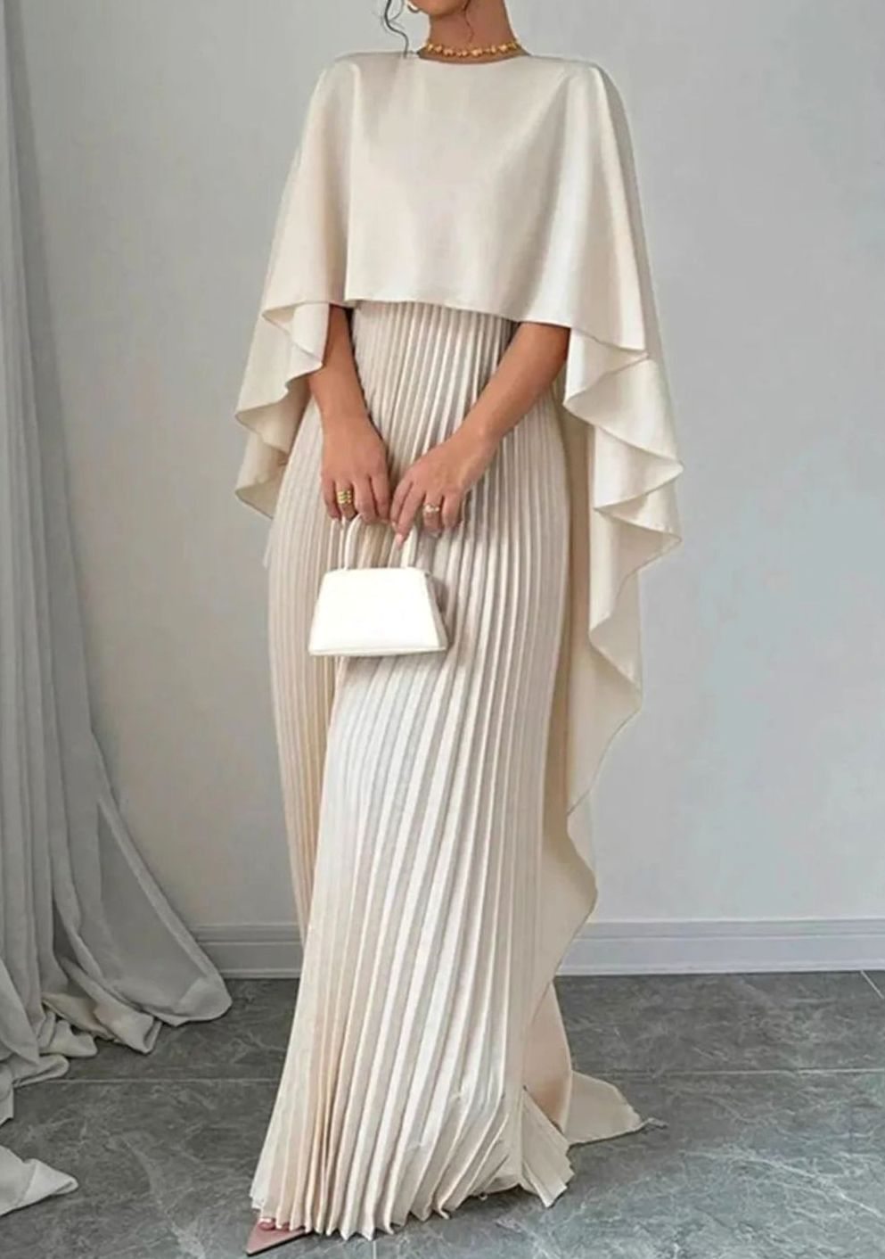 Women's Pleated Cape Overlay Batwing-Sleeve Maxi Dress