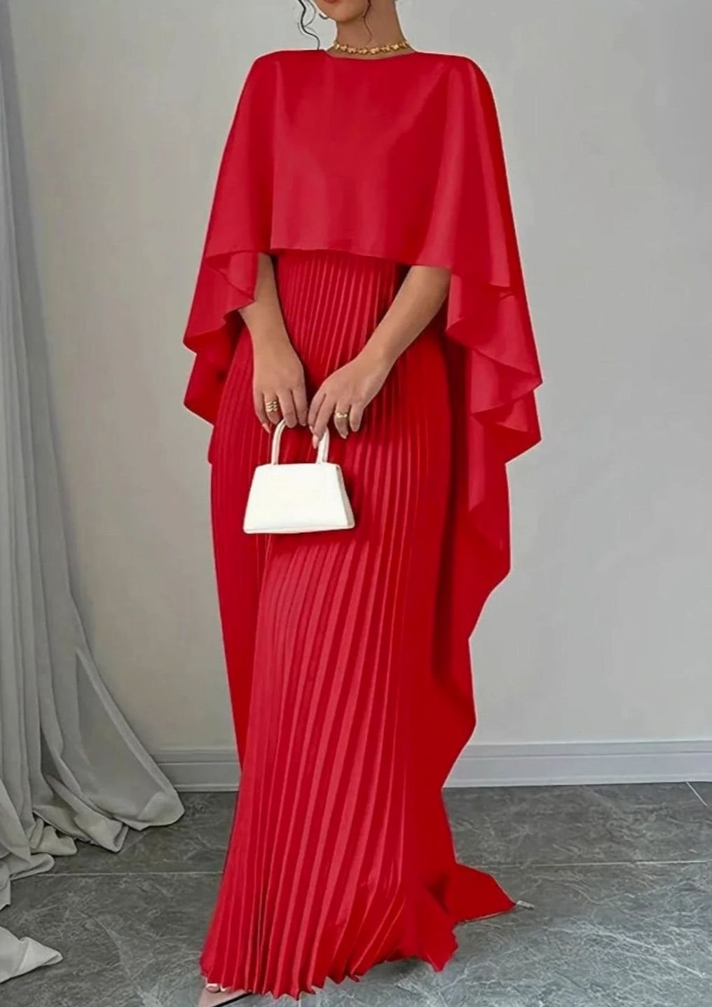 Women's Pleated Cape Overlay Batwing-Sleeve Maxi Dress - Red