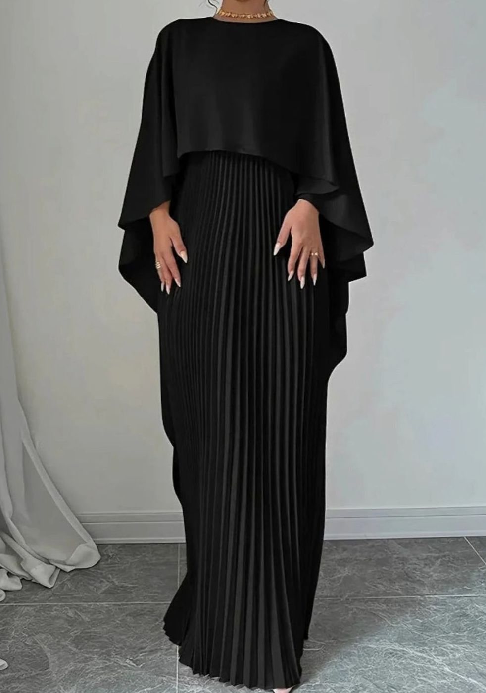 Women's Pleated Cape Overlay Batwing-Sleeve Maxi Dress - Black