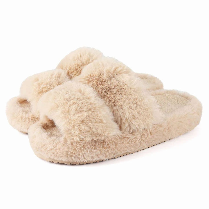 Women's Plush Faux Fur Cross-Strap Slide Slippers - Beige