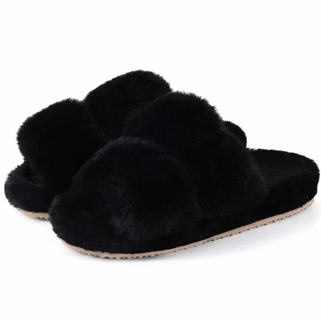 Women's Plush Faux Fur Cross-Strap Slide Slippers - Black