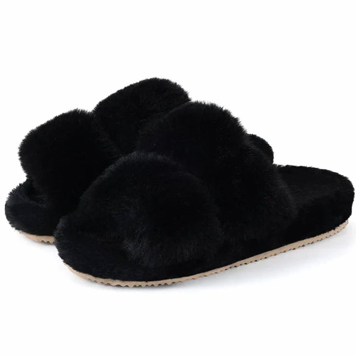 Women's Plush Faux Fur Cross-Strap Slide Slippers - Black