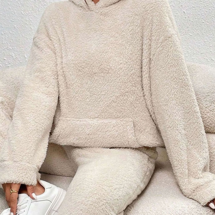Women's Plush Fleece Hoodie Two-Piece Set Straight-Leg Lounge Pants - Beige