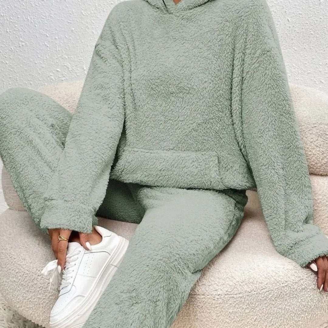 Women's Plush Fleece Hoodie Two-Piece Set Straight-Leg Lounge Pants - Green