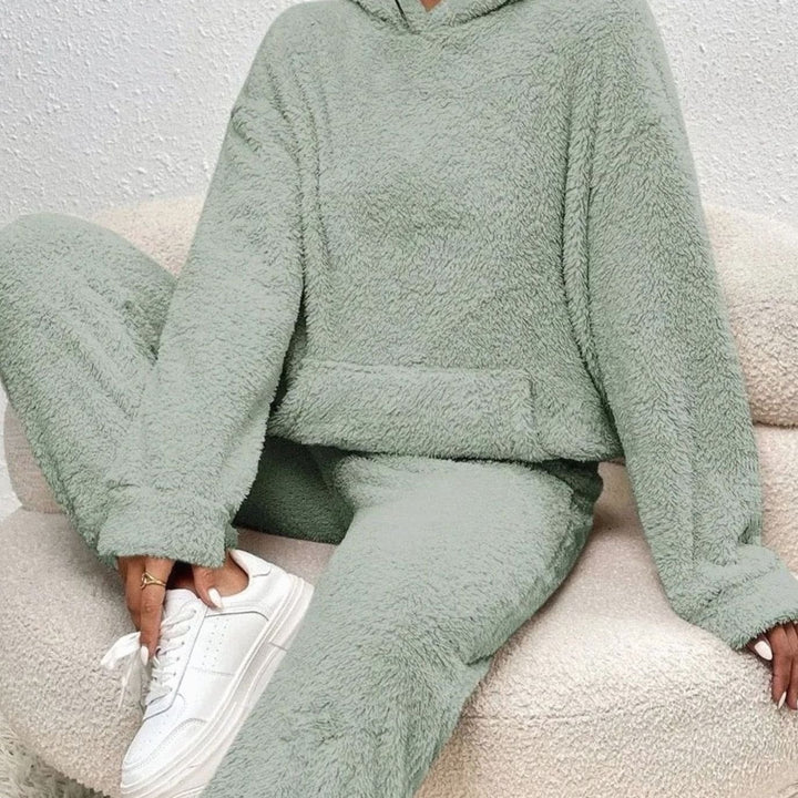 Women's Plush Fleece Hoodie Two-Piece Set Straight-Leg Lounge Pants - Green