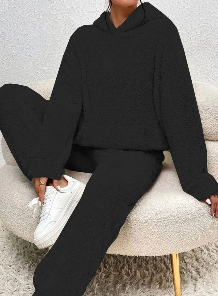 Women's Plush Fleece Hoodie Two-Piece Set Straight-Leg Lounge Pants - Black