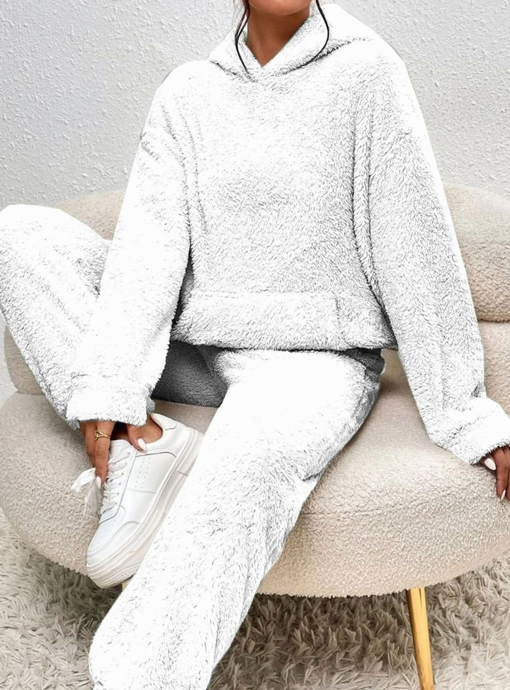 Women's Plush Fleece Hoodie Two-Piece Set Straight-Leg Lounge Pants - White