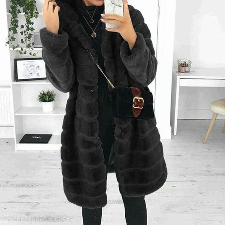 Women's Plush Hooded Button-Down Faux Fur Coat - Black