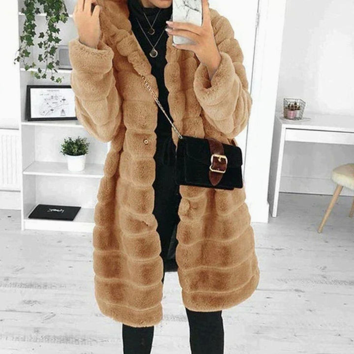 Women's Plush Hooded Button-Down Faux Fur Coat - Brown