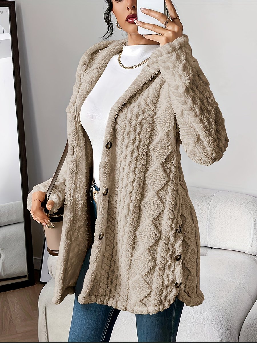 Women's Plush Hooded Button-Front Oversized Cardigan - Khaki