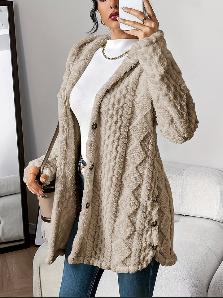 Women's Plush Hooded Button-Front Oversized Cardigan - Khaki