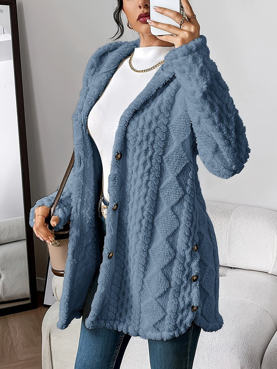 Women's Plush Hooded Button-Front Oversized Cardigan - Denim Blue