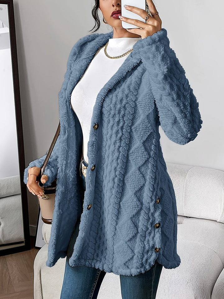 Women's Plush Hooded Button-Front Oversized Cardigan - Denim Blue