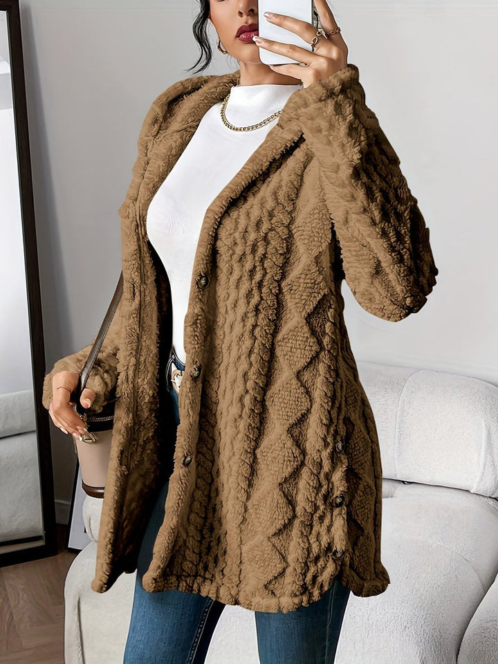 Women's Plush Hooded Button-Front Oversized Cardigan - Brown