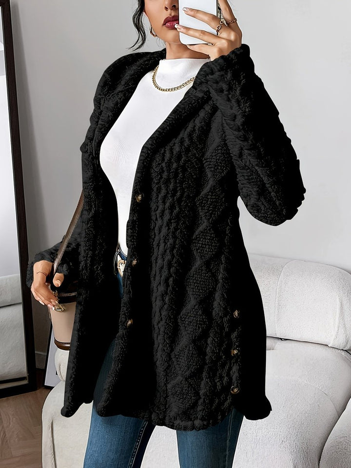 Women's Plush Hooded Button-Front Oversized Cardigan - Black