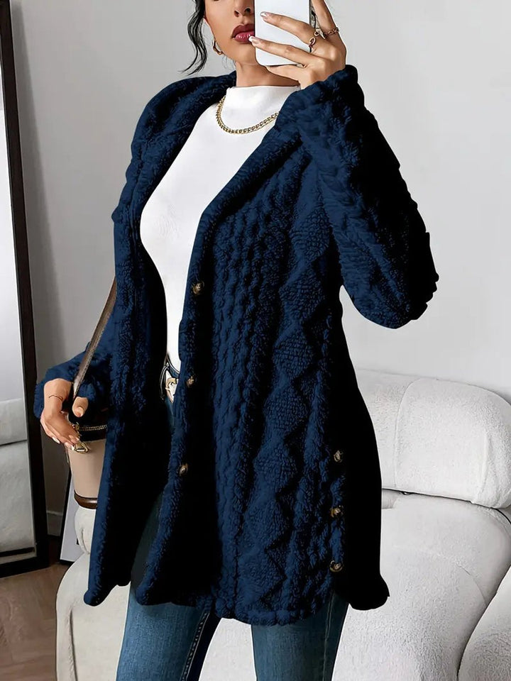 Women's Plush Hooded Button-Front Oversized Cardigan - Navy Blue