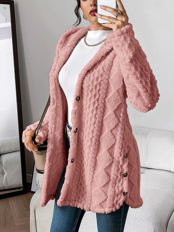Women's Plush Hooded Button-Front Oversized Cardigan - Pink