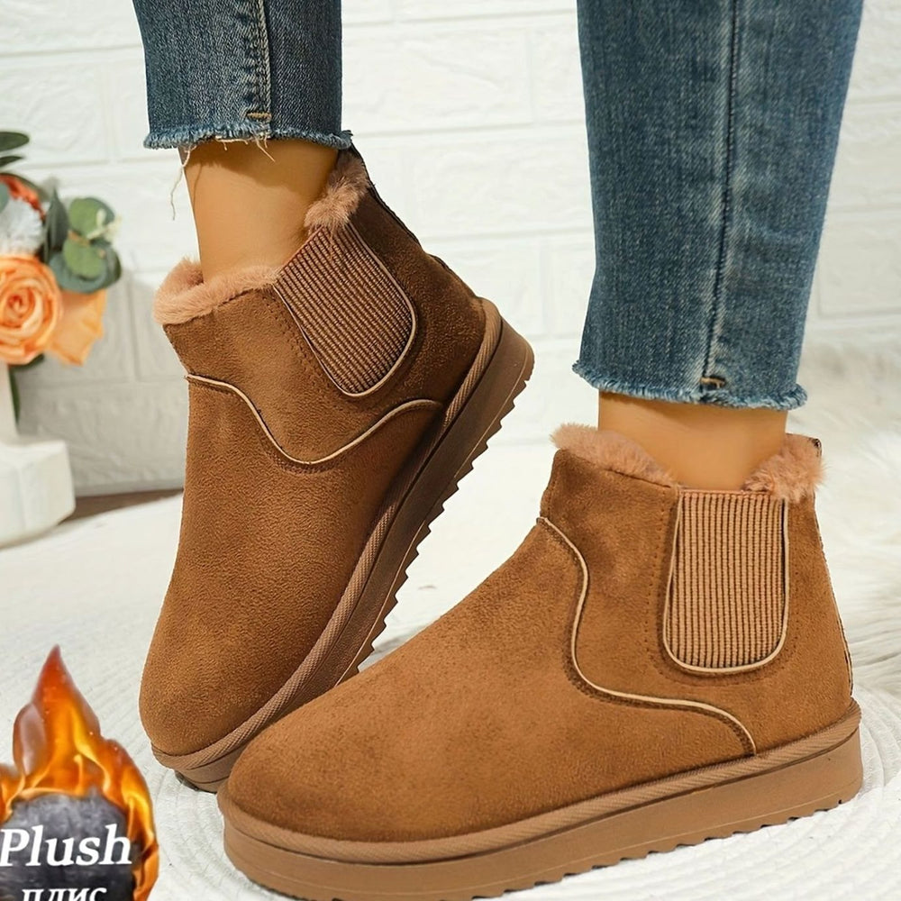 Women's Plush-Lined Slip-On Platform Winter Boots - Light Brown