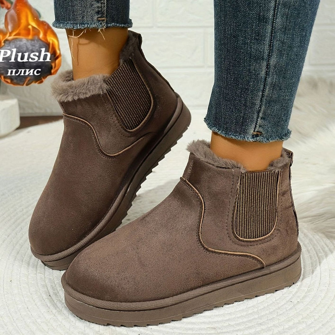 Women's Plush-Lined Slip-On Platform Winter Boots - Khaki