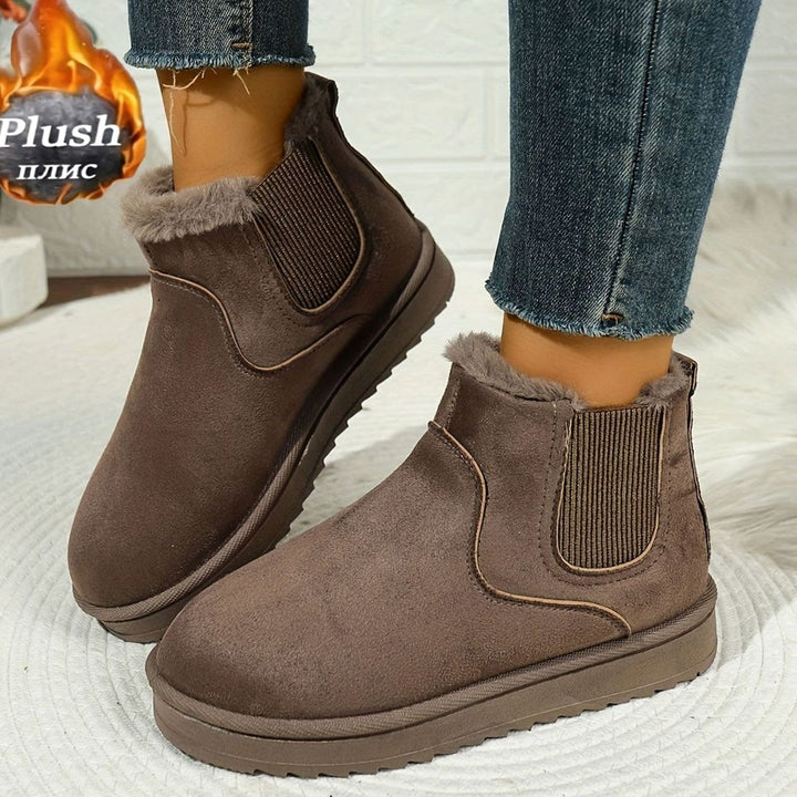 Women's Plush-Lined Slip-On Platform Winter Boots - Khaki