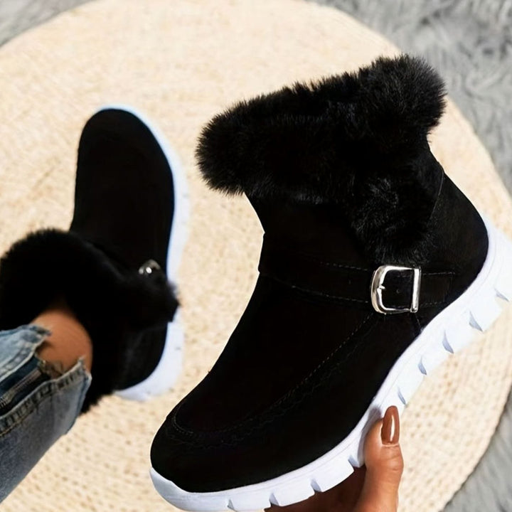 Women's Plush-Trimmed Buckle Ankle Winter Boots - Black