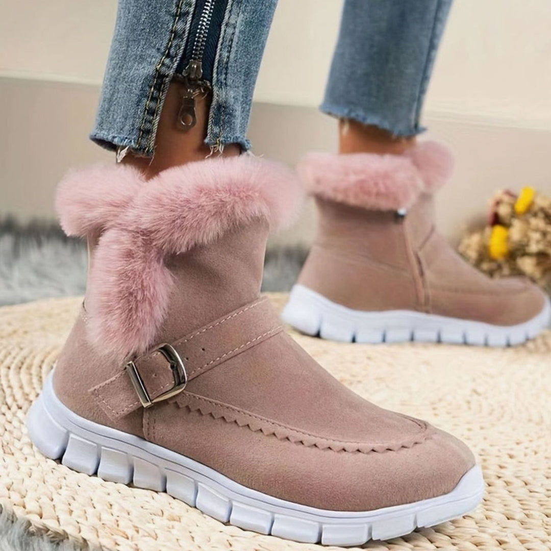Women's Plush-Trimmed Buckle Ankle Winter Boots