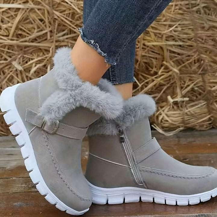 Women's Plush-Trimmed Buckle Ankle Winter Boots
