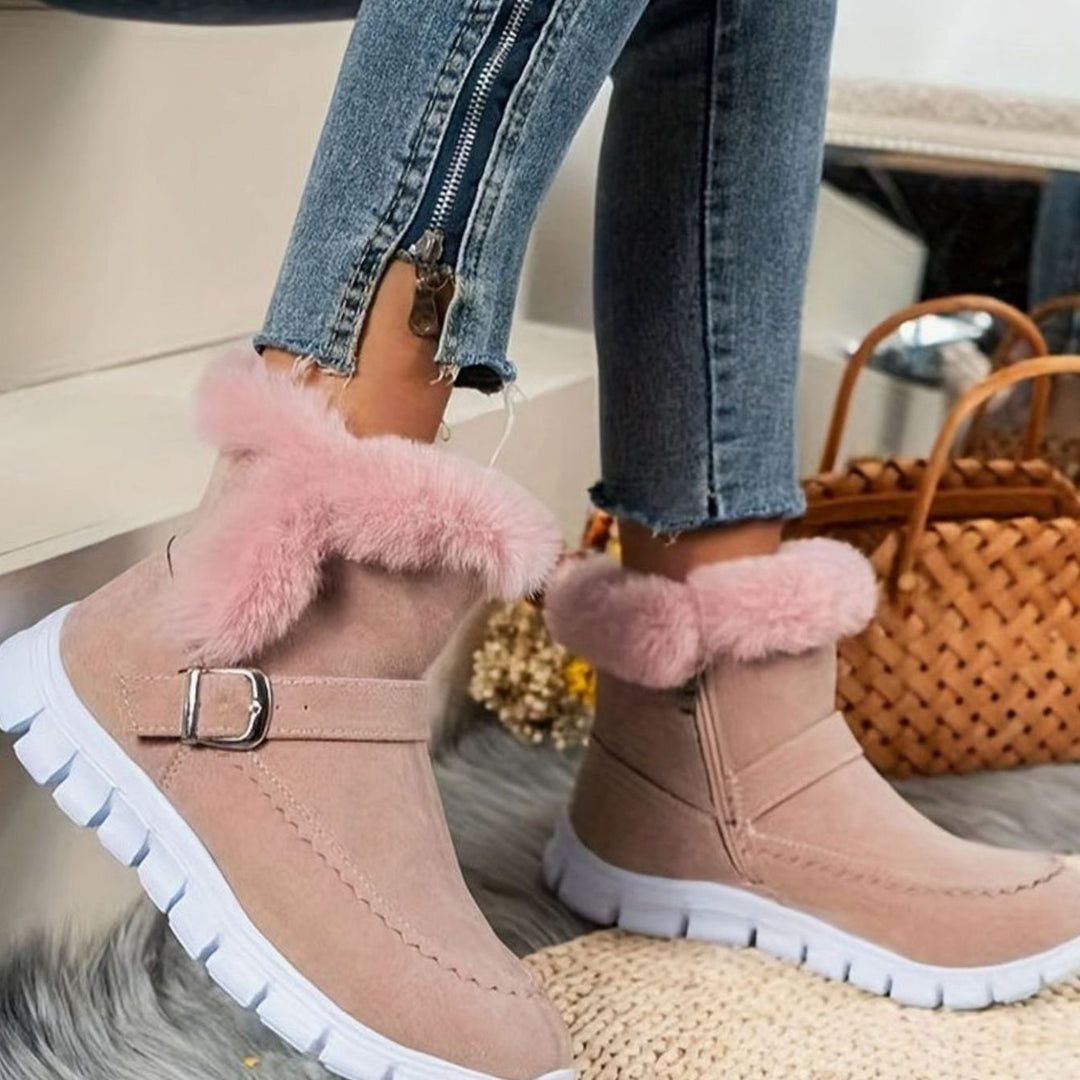 Women's Plush-Trimmed Buckle Ankle Winter Boots