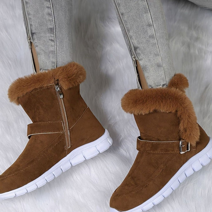 Women's Plush-Trimmed Buckle Ankle Winter Boots - Brown