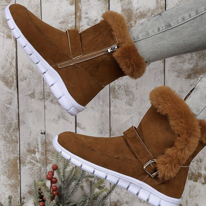 Women's Plush-Trimmed Buckle Ankle Winter Boots