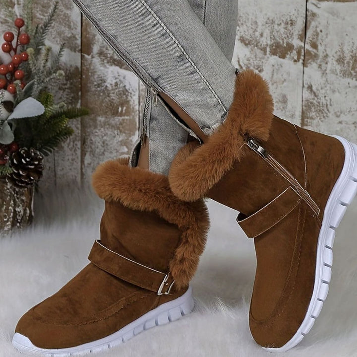 Women's Plush-Trimmed Buckle Ankle Winter Boots