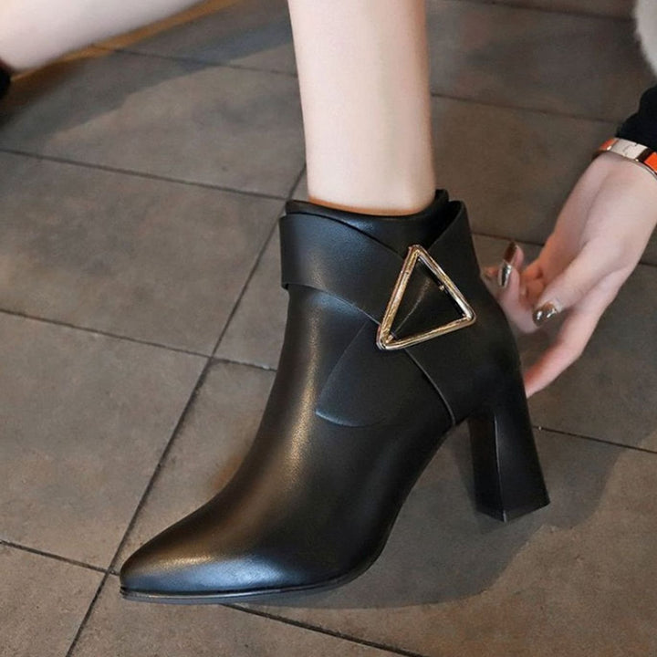 Women's Pointed-Toe Block Heel Ankle Boots Buckle Detail