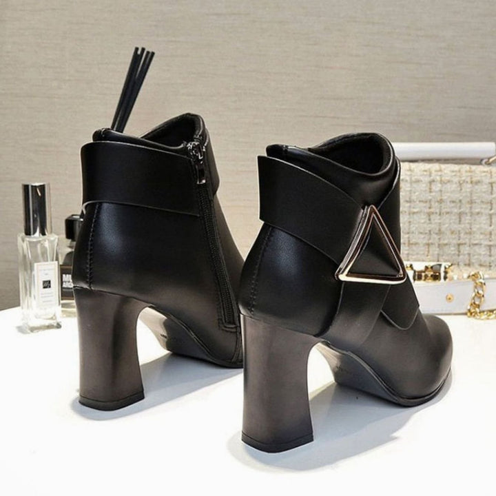 Women's Pointed-Toe Block Heel Ankle Boots Buckle Detail