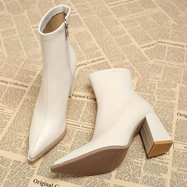 Women's Pointed-Toe Chunky Heel Leather Ankle Booties - Beige