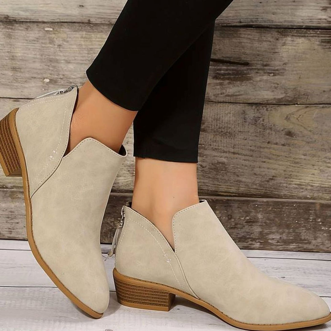 Women's Pointed-Toe Low Block Heel Slip-On Boots - Beige