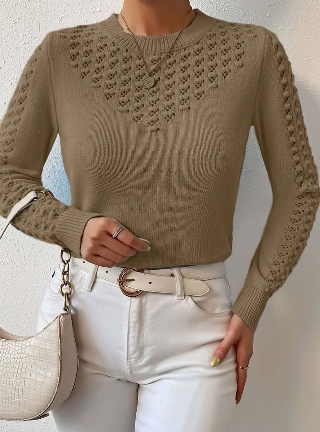 Women's Pointelle-Knit Round Neck Sweater Slim Fit