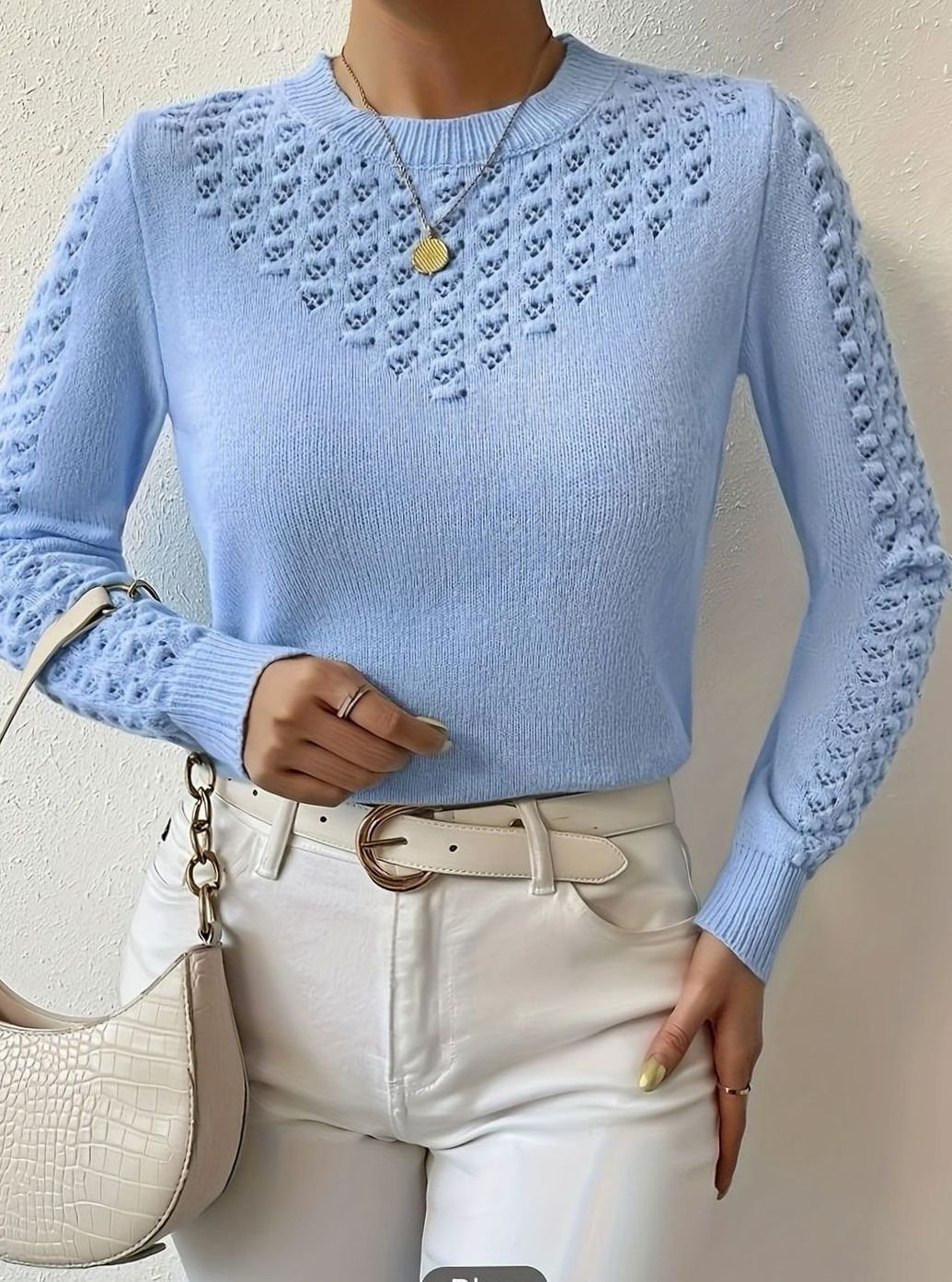Women's Pointelle-Knit Round Neck Sweater Slim Fit