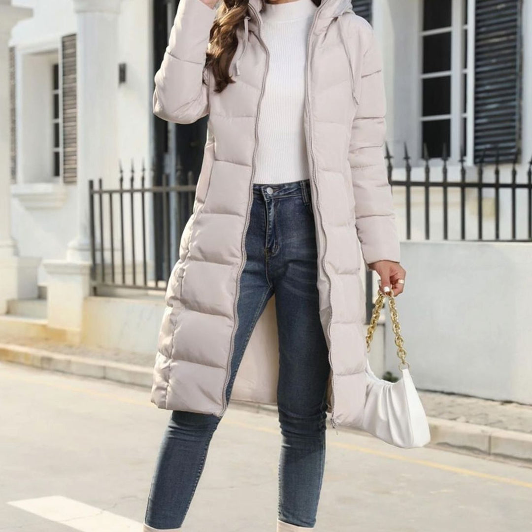 Women's Quilted Hooded Long Puffer Winter Coat Full-Length Zip - Beige