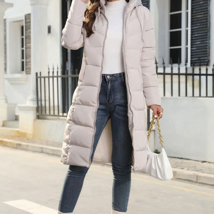 Women's Quilted Hooded Long Puffer Winter Coat Full-Length Zip - Beige