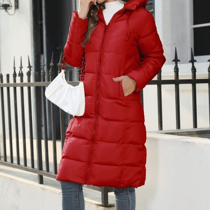 Women's Quilted Hooded Long Puffer Winter Coat Full-Length Zip - Red