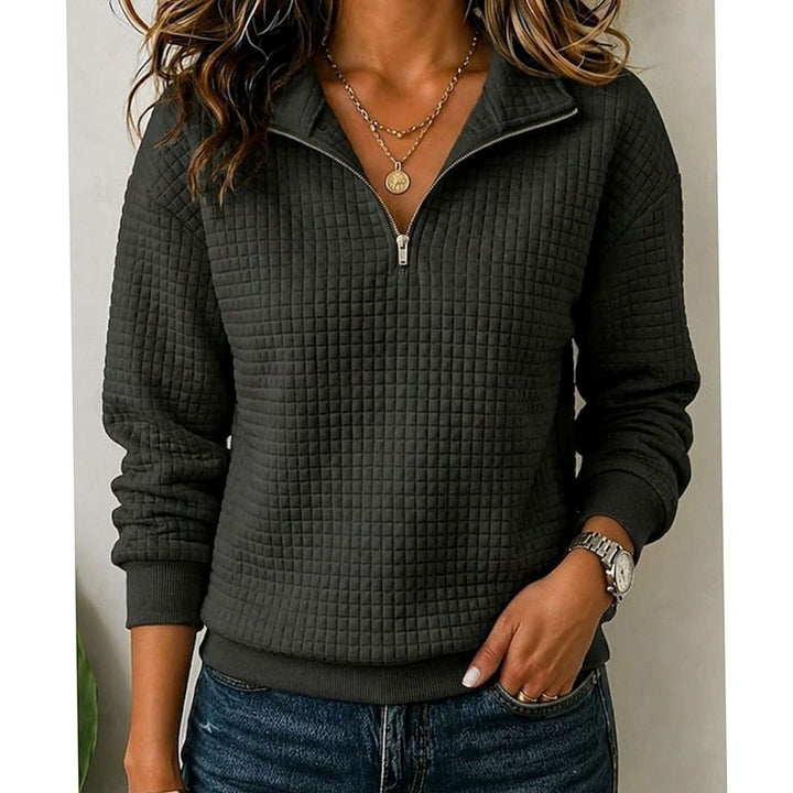 Women's Quilted Quarter-Zip Pullover Sweater Stand Collar - Black