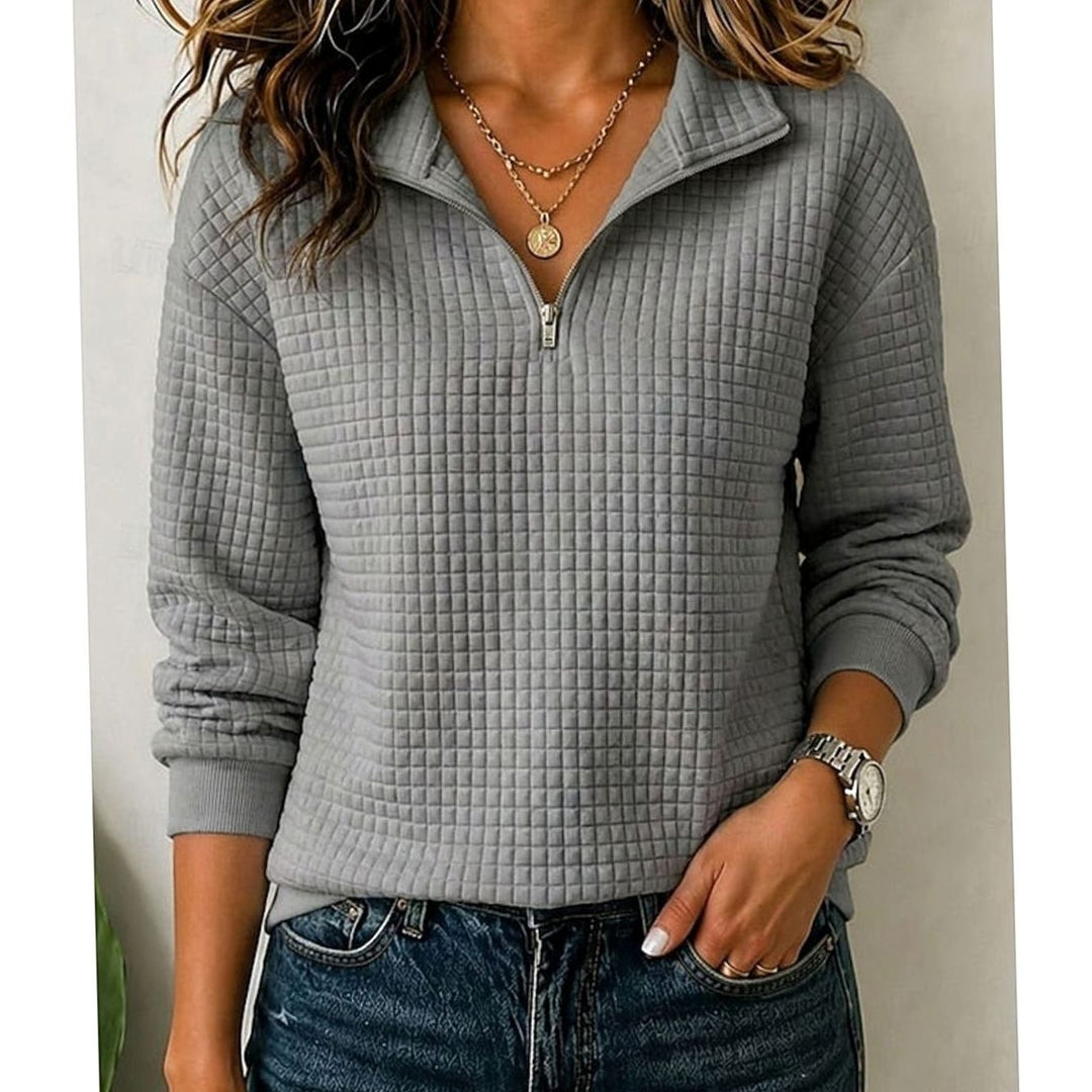 Women's Quilted Quarter-Zip Pullover Sweater Stand Collar - Dark Gray