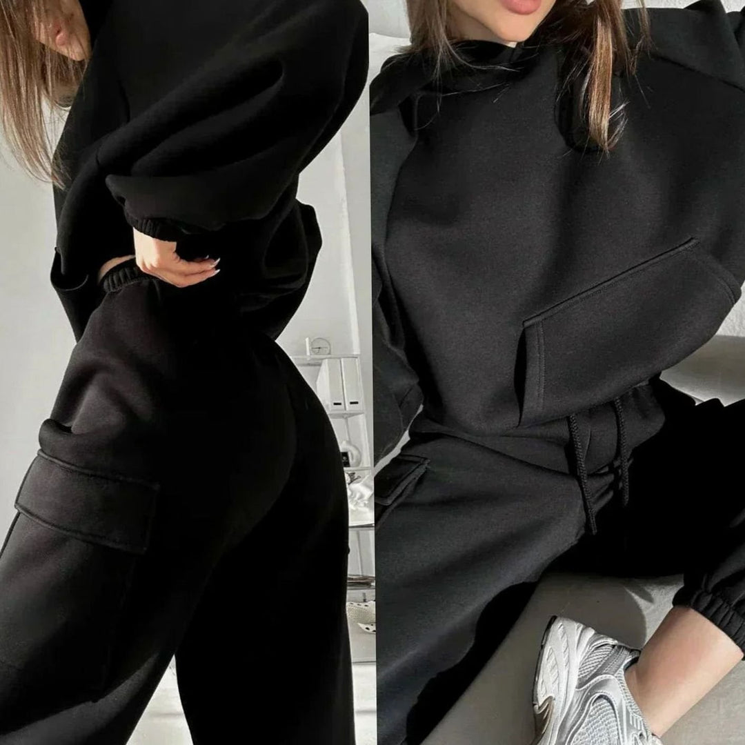 Women's Relaxed Cargo Pocket Hoodie Jogger Set - Black