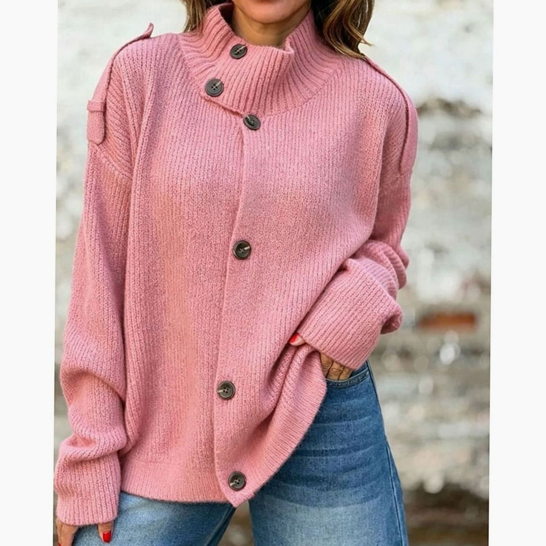 Women's Relaxed-Fit Button-Front Stand-Collar Knit Cardigan - Pink